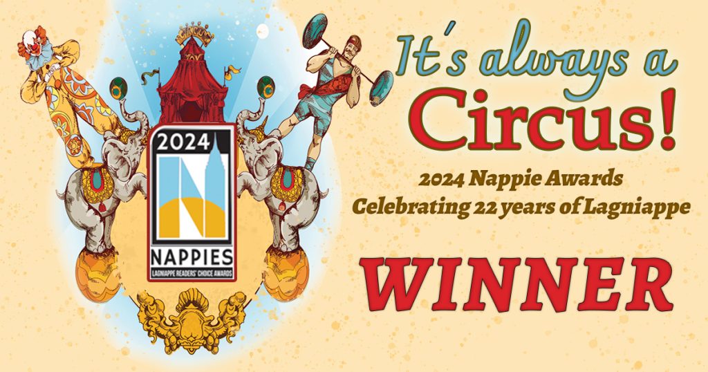 Photo of Nappies logo with circus characters in the background, and 2024 theme "It's Always a Circus" and the word "Winner"