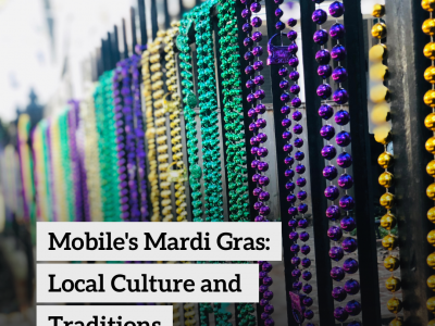 Photo of metal picket fence with mardi gras beads colored yellow, purple, and green hanging from each picket. The article title is overlaid on the photo as text.